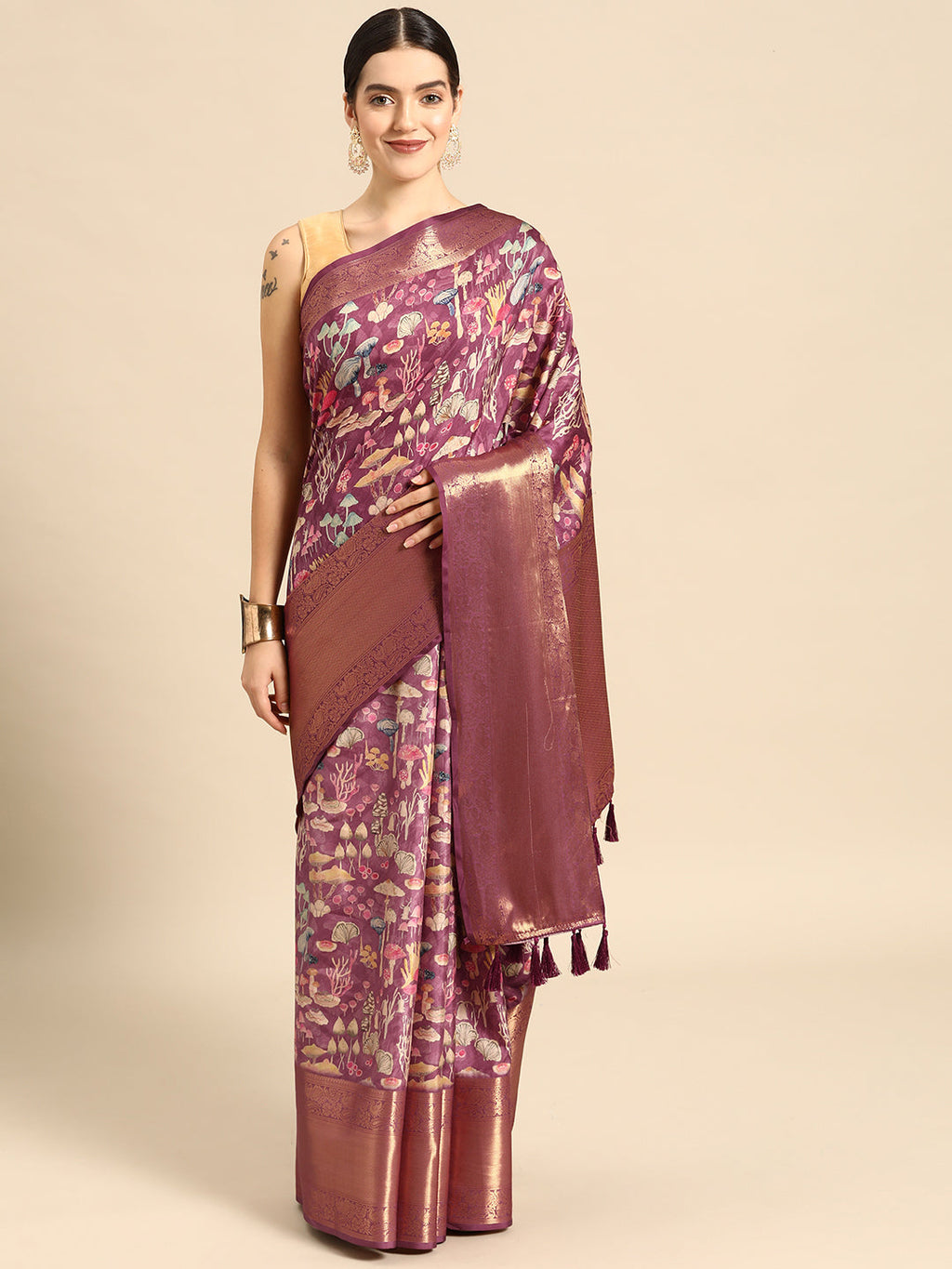 Purple Kanchipuram Silk saree with digital floral print and unstitched blouse