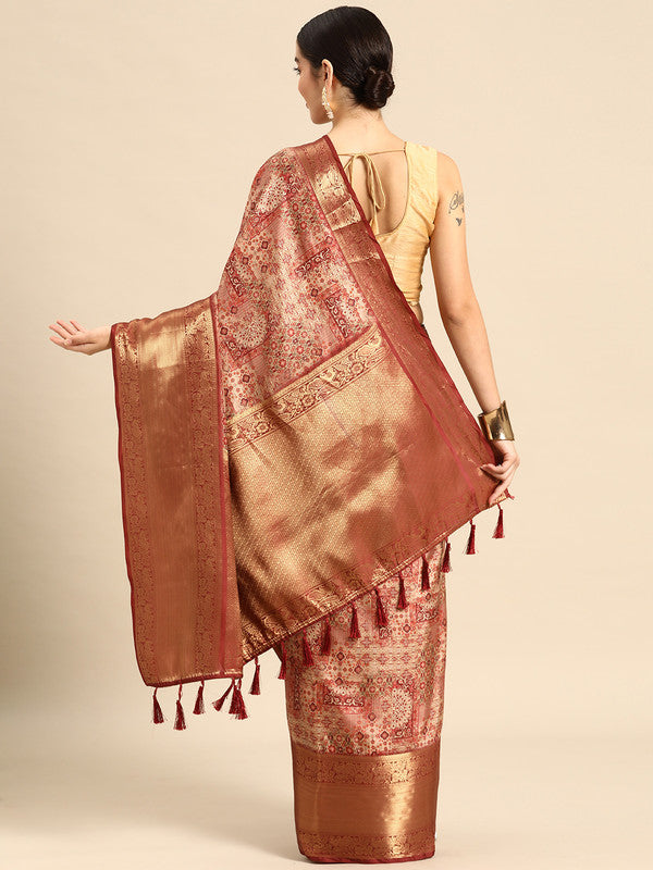 Maroon Kanchipuram Silk Abstract Print Saree with Unstitched Blouse