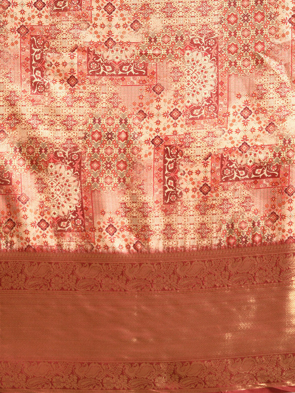 Maroon Kanchipuram Silk Abstract Print Saree with Unstitched Blouse