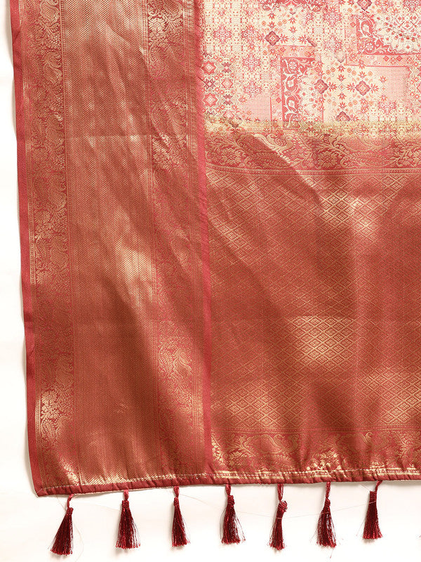 Maroon Kanchipuram Silk Abstract Print Saree with Unstitched Blouse