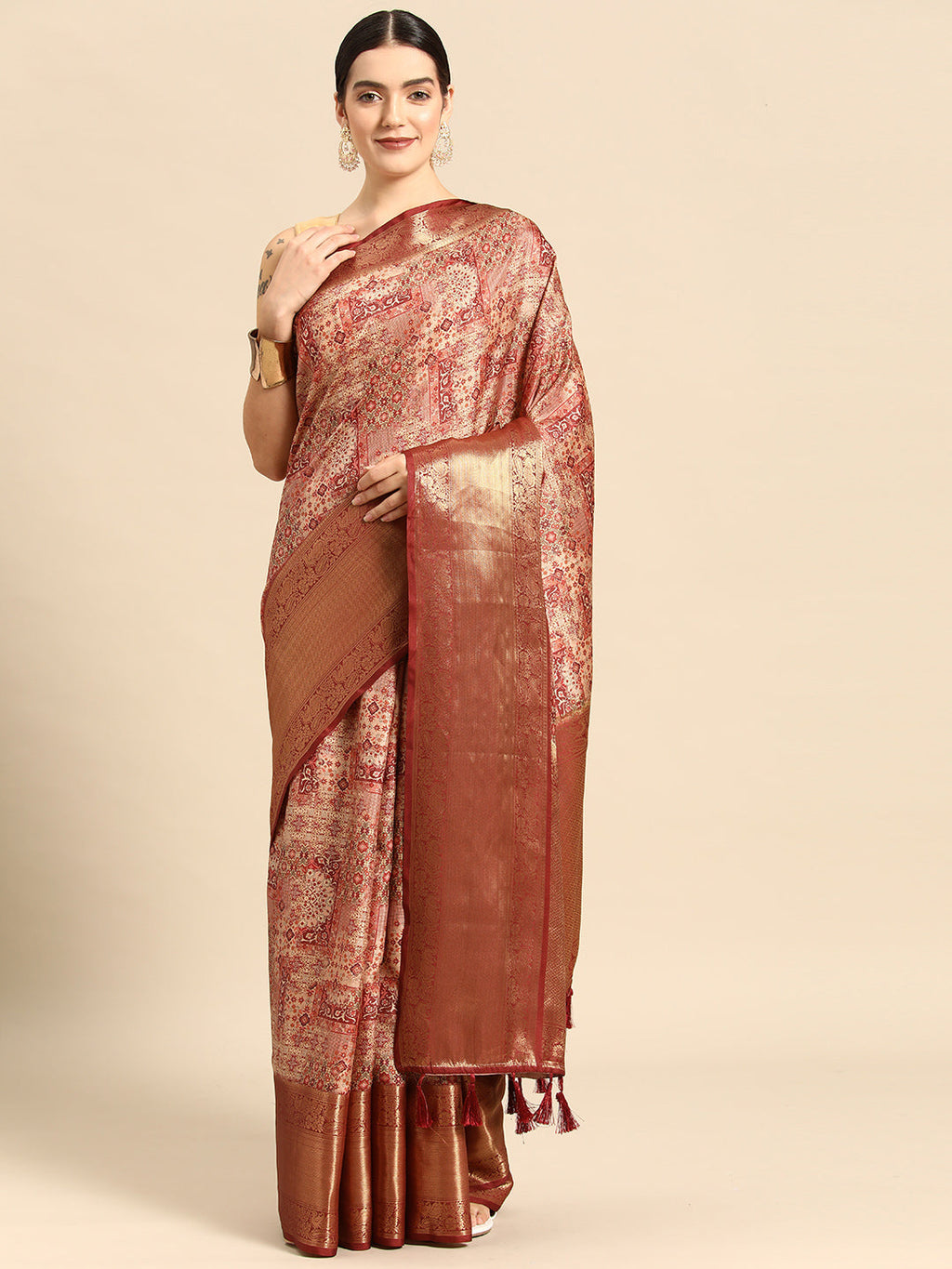 Maroon Kanchipuram silk saree with modern abstract digital print