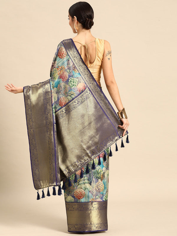 Blue Kanchipuram Silk Digital Print Floral Saree with Blouse