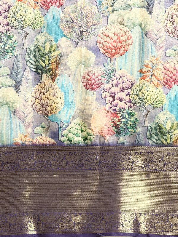 Blue Kanchipuram Silk Digital Print Floral Saree with Blouse