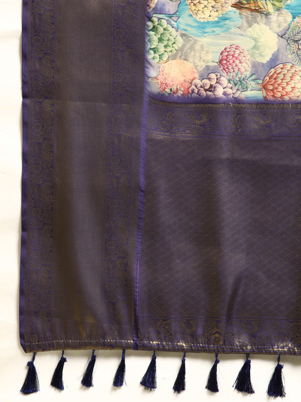 Blue Kanchipuram Silk Digital Print Floral Saree with Blouse