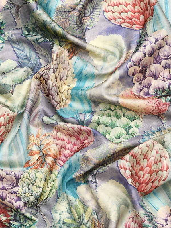 Blue Kanchipuram Silk Digital Print Floral Saree with Blouse
