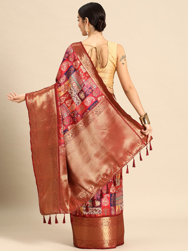 Multicolor Kanchipuram Silk Paisley Print Saree with Blouse
