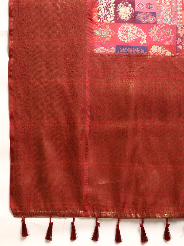 Multicolor Kanchipuram Silk Paisley Print Saree with Blouse