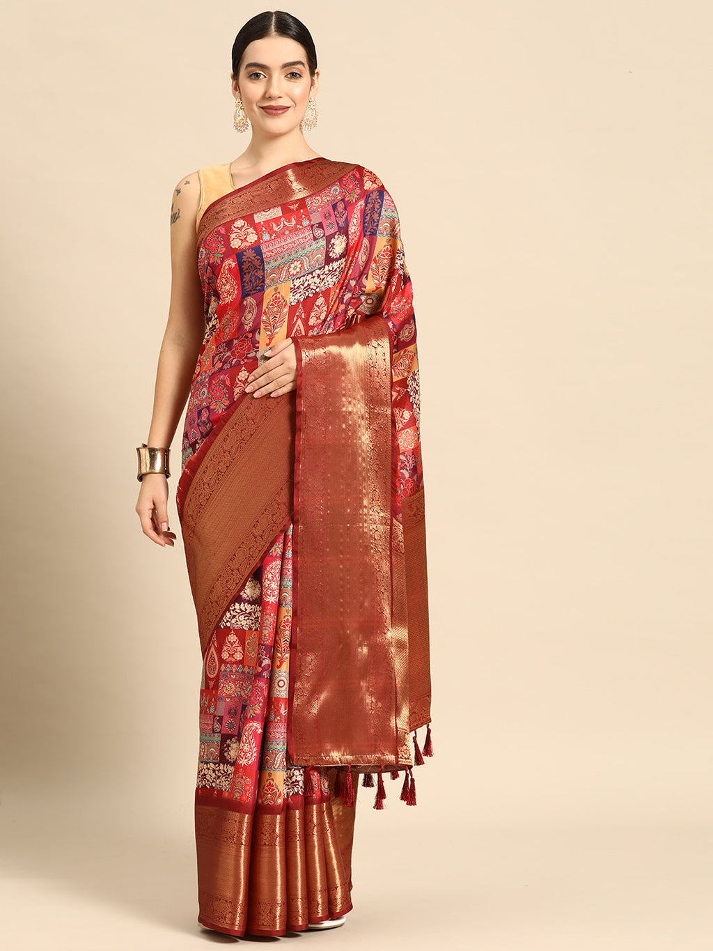 Multicolor Kanchipuram silk saree with abstract paisley print in red and copper