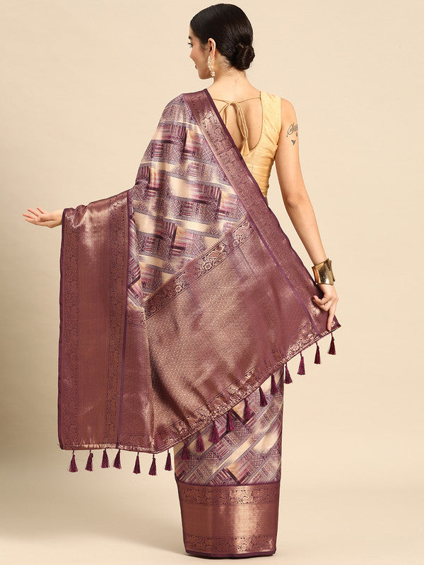Beige Kanchipuram Silk Saree with Geometric Digital Print