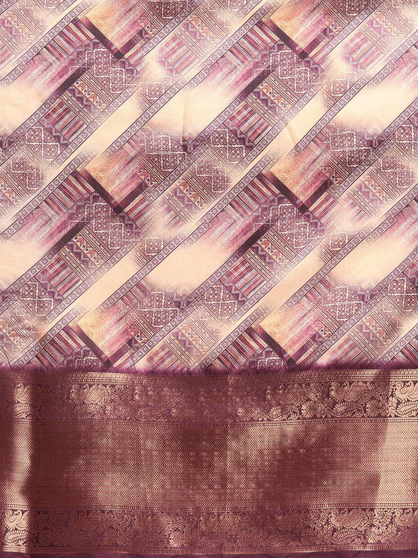 Beige Kanchipuram Silk Saree with Geometric Digital Print