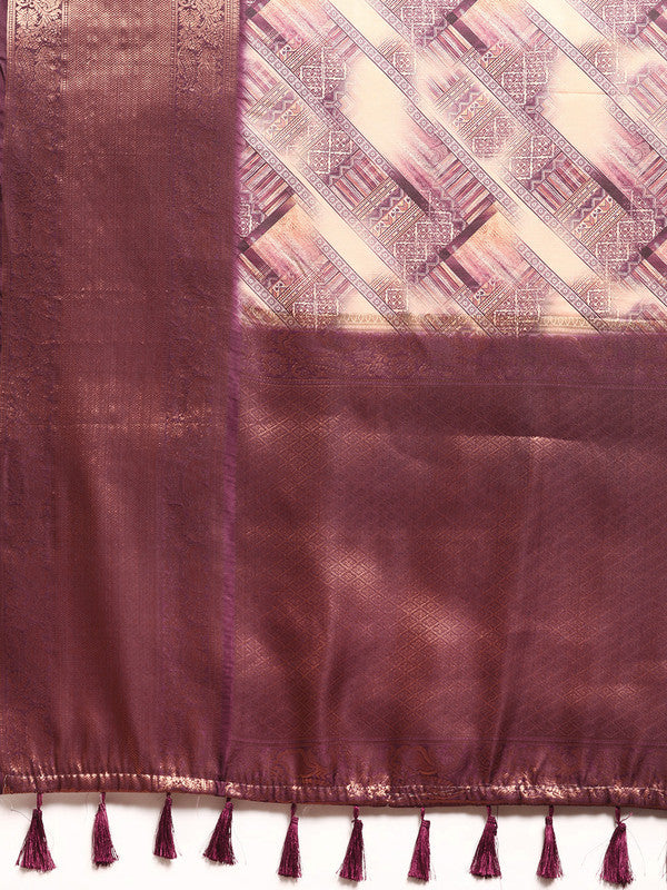 Beige Kanchipuram Silk Saree with Geometric Digital Print
