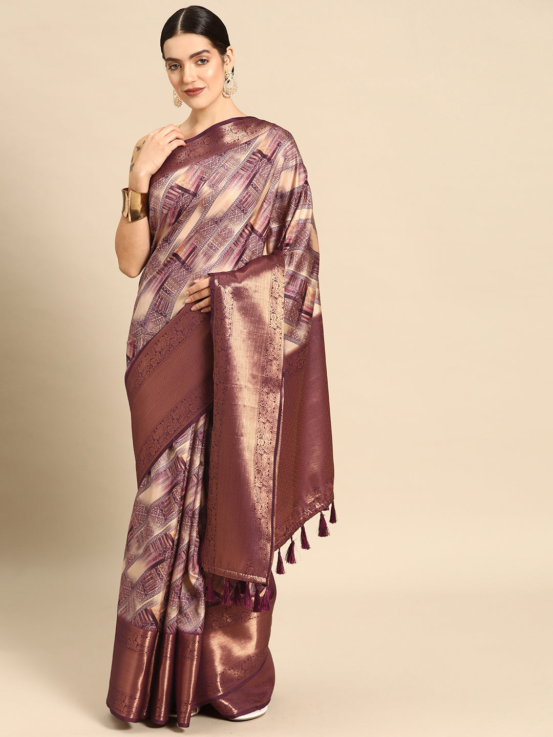 Beige Kanchipuram silk saree with geometric digital print and unstitched blouse piece