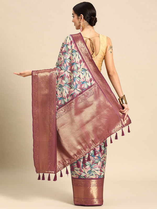 Multicolor Kanchipuram Silk Floral Print Saree with Blouse Piece