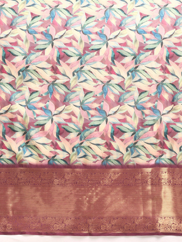 Multicolor Kanchipuram Silk Floral Print Saree with Blouse Piece