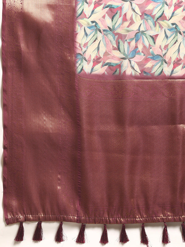 Multicolor Kanchipuram Silk Floral Print Saree with Blouse Piece