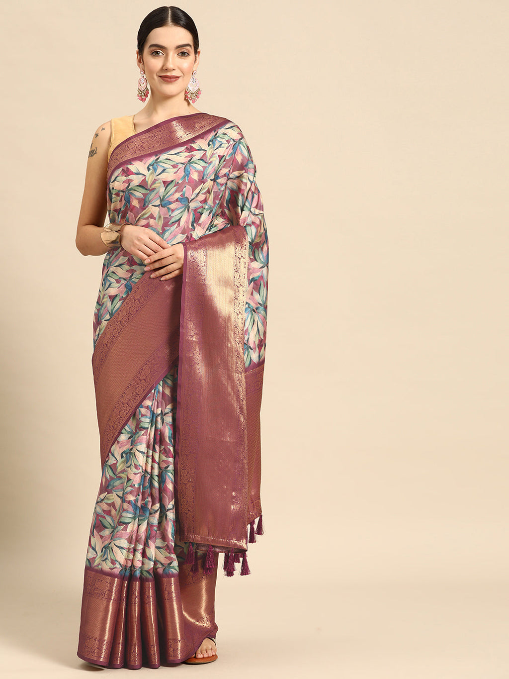 Multicolor Kanchipuram silk saree featuring floral print in maroon, gold, teal, and pink