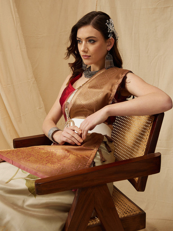 Beige Kanjeevaram silk saree with digital animal print and blouse