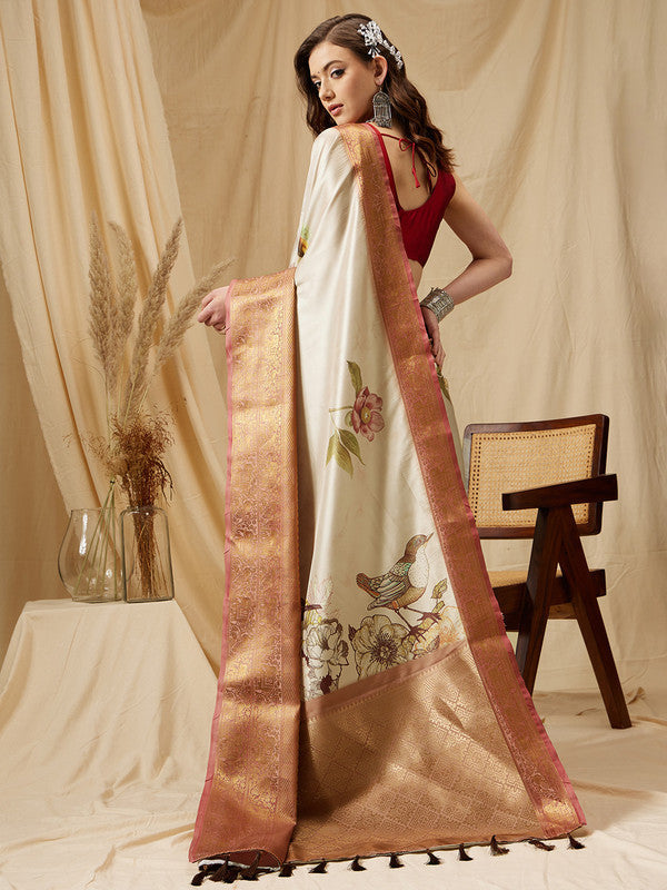 Beige Kanjeevaram Silk Digital Animal Print Saree and Blouse