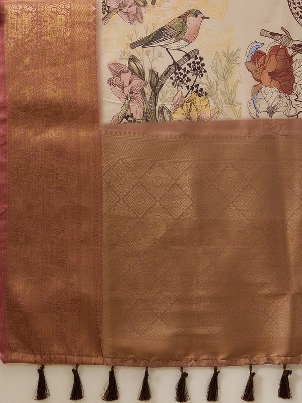 Beige Kanjeevaram Silk Digital Animal Print Saree and Blouse