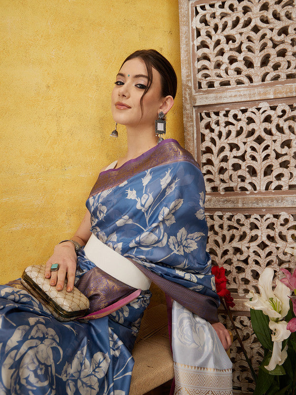 Blue Kanjeevaram silk saree with digital floral print and unstitched blouse