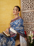 Blue Kanjeevaram silk saree with digital floral print and unstitched blouse