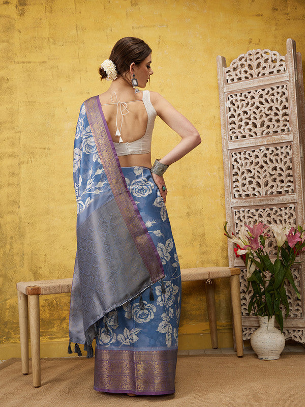 Blue Kanjeevaram Silk Saree with Floral Digital Prints