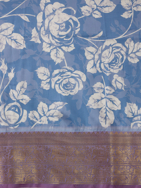 Blue Kanjeevaram Silk Saree with Floral Digital Prints