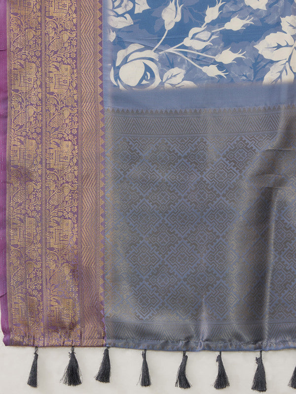 Blue Kanjeevaram Silk Saree with Floral Digital Prints
