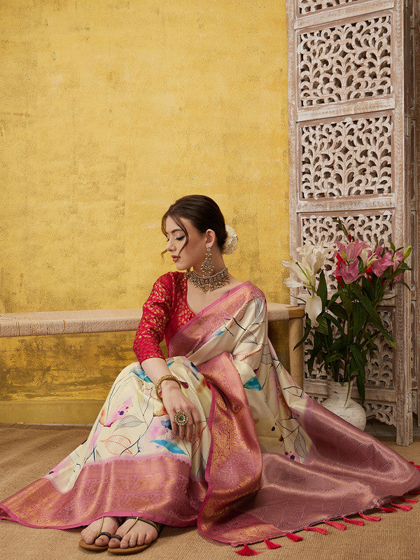 Multicolor Kanjeevaram silk saree with vibrant floral digital print and matching unstitched blouse piece