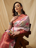 Pink Kanjeevaram silk saree with floral digital print detail
