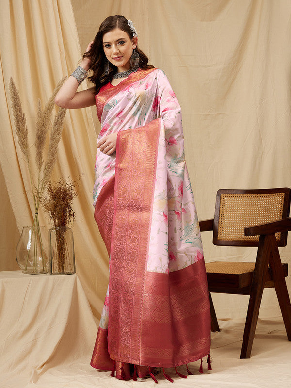 Pink Kanjeevaram Silk Saree with Floral Digital Print