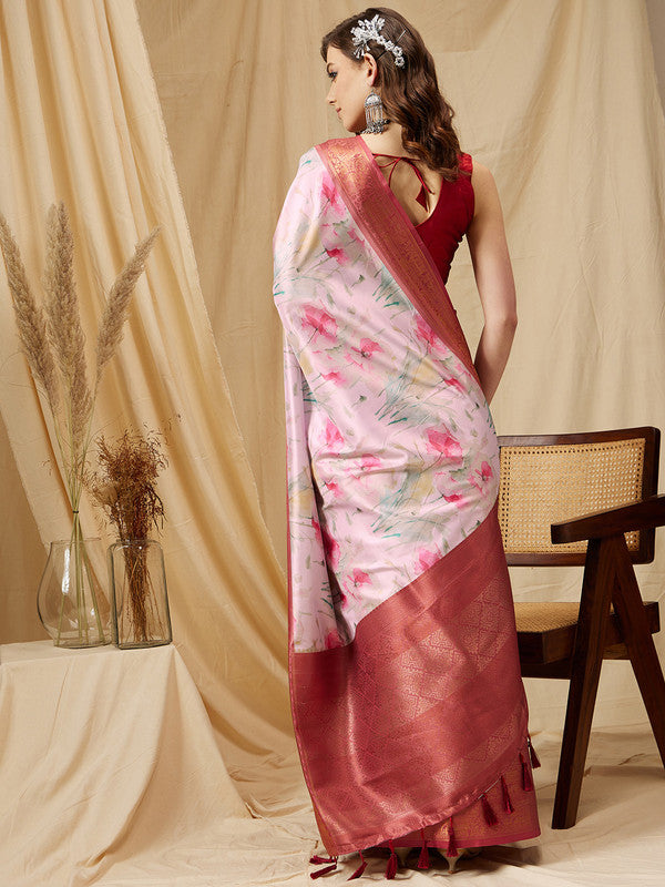 Pink Kanjeevaram Silk Saree with Floral Digital Print