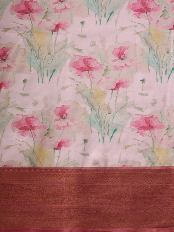 Pink Kanjeevaram Silk Saree with Floral Digital Print