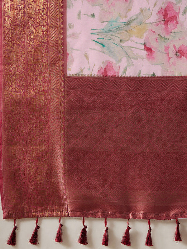 Pink Kanjeevaram Silk Saree with Floral Digital Print
