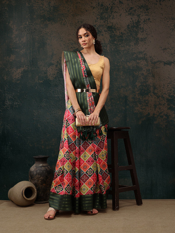 Multicolor silk blend saree with traditional digital print Bandhani patterns and unstitched blouse