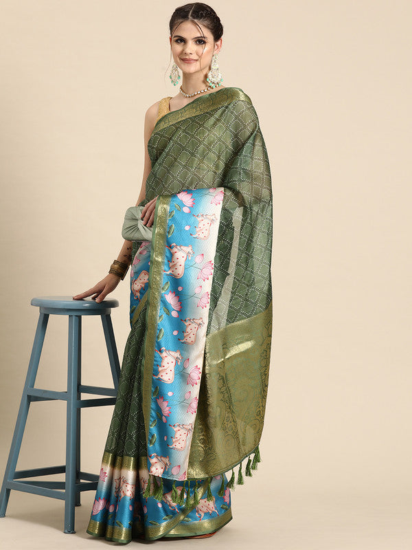 Green Kanjeevaram silk saree with geometric digital print patterns and matching unstitched blouse fabric.