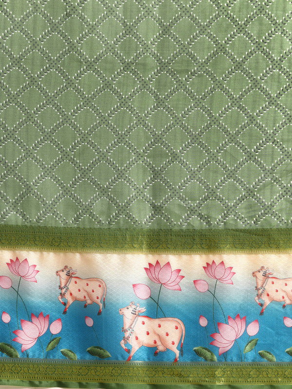 Green Kanjeevaram Silk Saree with Geometric Digital Print