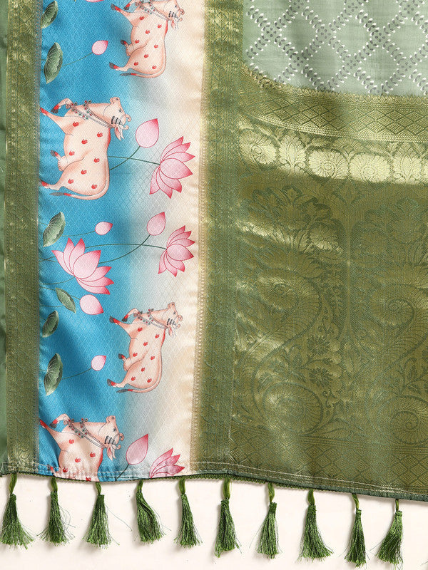 Green Kanjeevaram Silk Saree with Geometric Digital Print