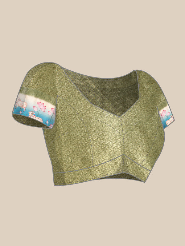 Green Kanjeevaram Silk Saree with Geometric Digital Print