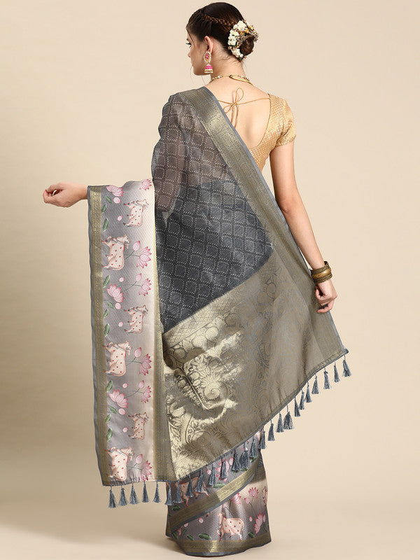 Gray Kanjeevaram Silk Saree with Geometric Digital Print