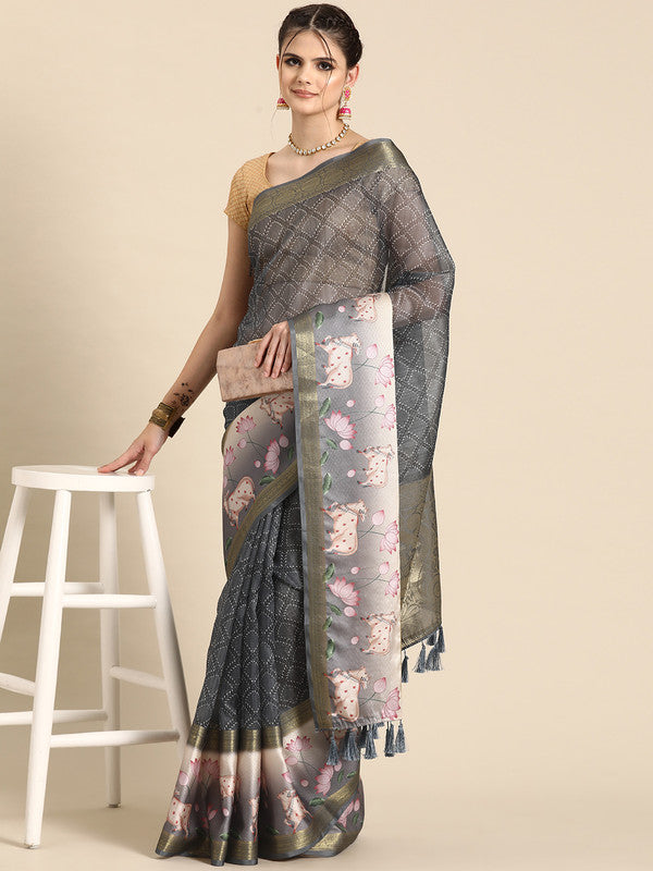 Gray Kanjeevaram silk saree with geometric digital pattern