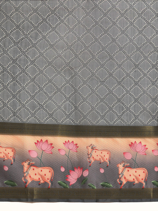Gray Kanjeevaram Silk Saree with Geometric Digital Print