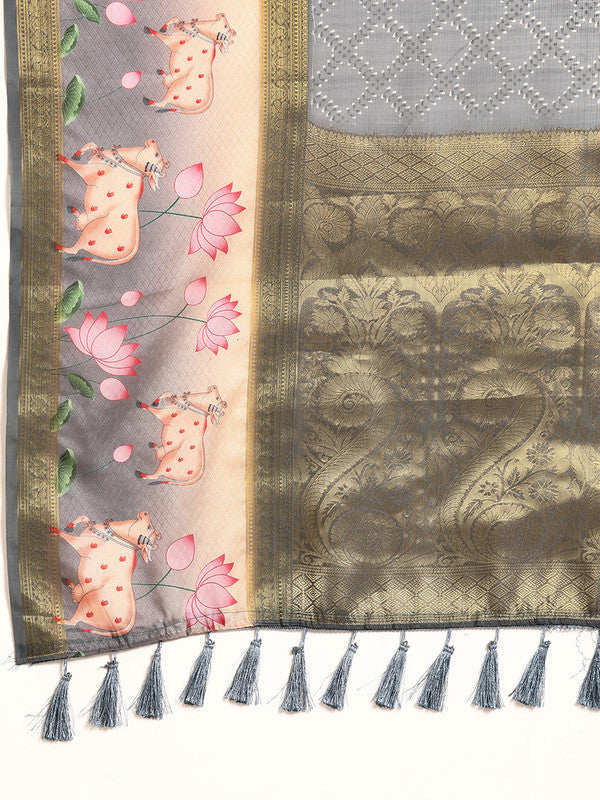 Gray Kanjeevaram Silk Saree with Geometric Digital Print