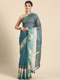 Turquoise Kanjeevaram silk saree with geometric patterns and unstitched blouse piece.