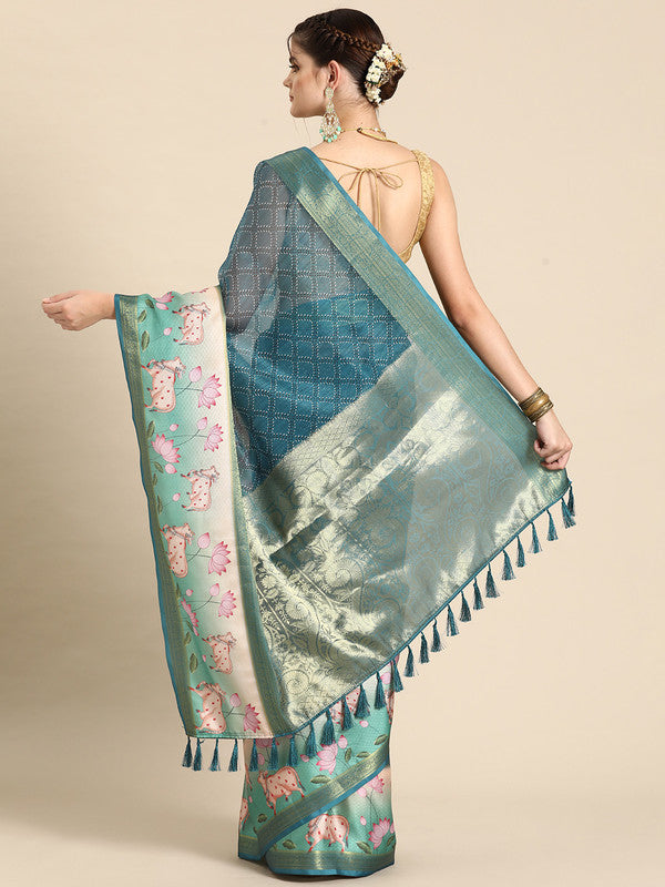 Turquoise Kanjeevaram Silk Saree with Geometric Digital Print