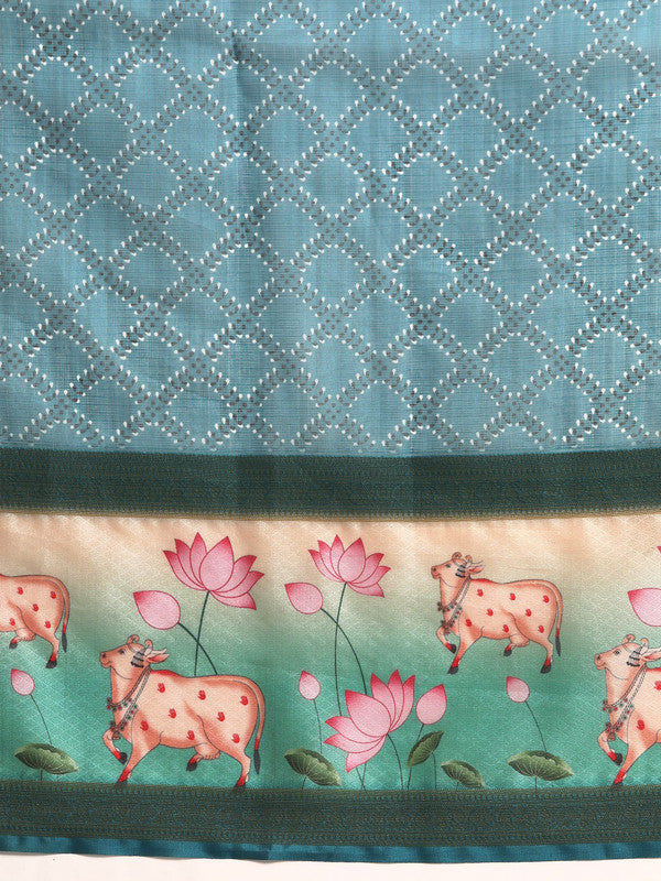 Turquoise Kanjeevaram Silk Saree with Geometric Digital Print