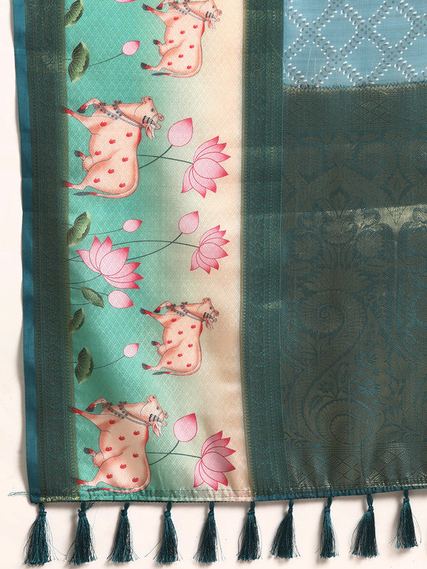 Turquoise Kanjeevaram Silk Saree with Geometric Digital Print