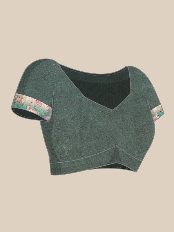 Turquoise Kanjeevaram Silk Saree with Geometric Digital Print