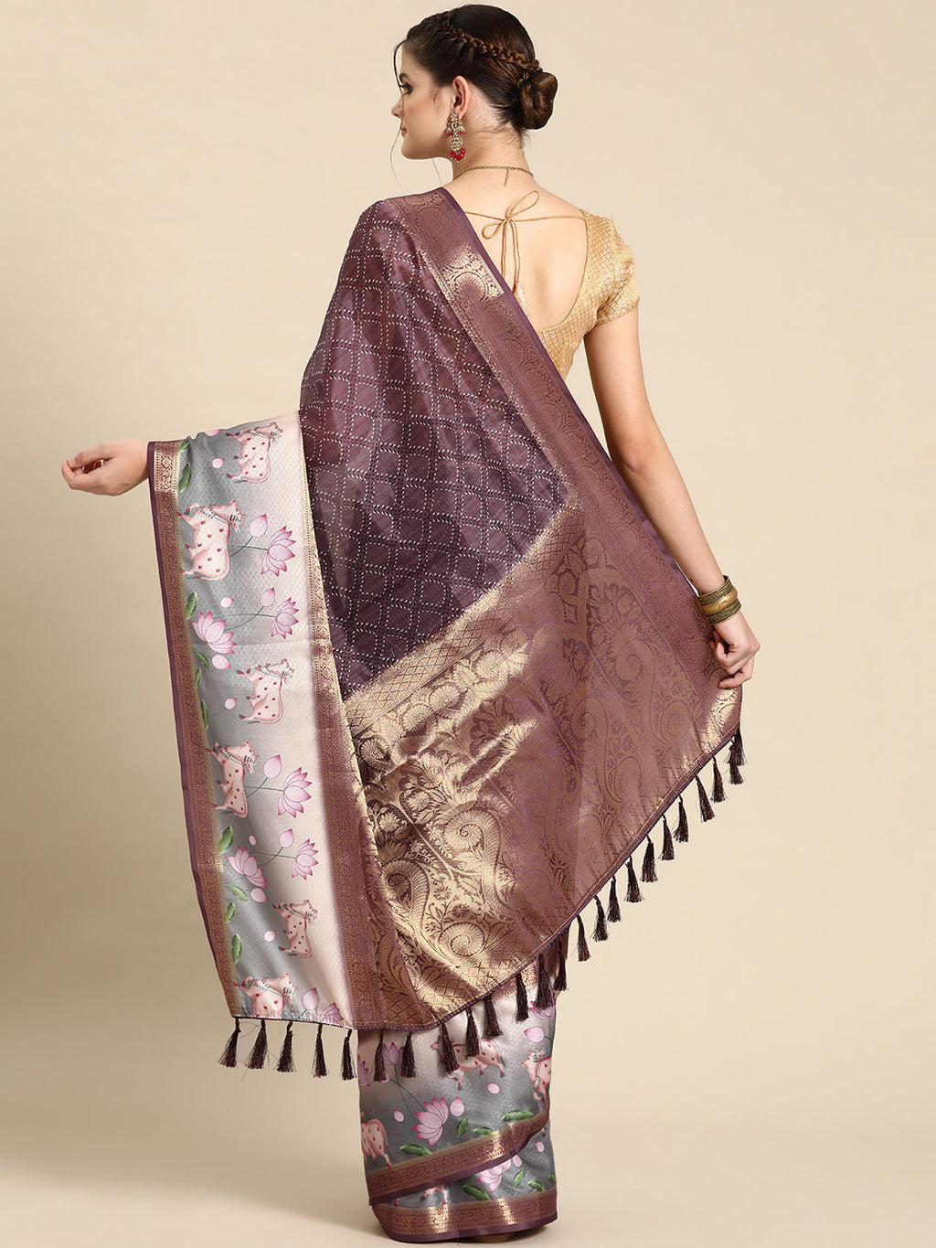 Purple Kanjeevaram Silk Saree with Geometric Digital Print