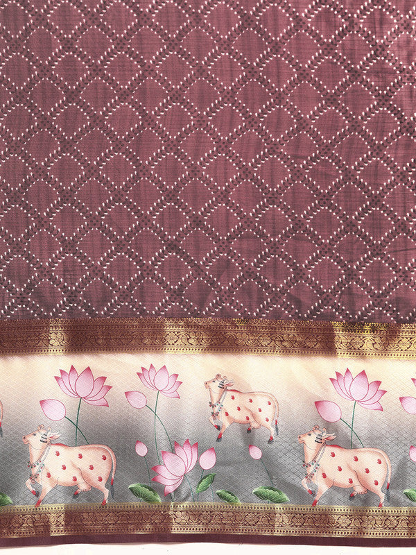 Purple Kanjeevaram Silk Saree with Geometric Digital Print